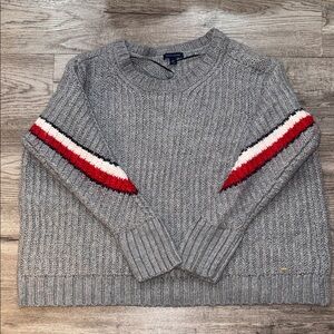 Tommy Hilfiger Gray Crewneck Sweater with Red & Cream Sleeve Stripes